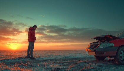 A man contemplates his broken-down car during a sundown moment
