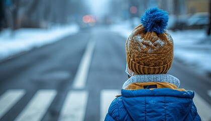 A child donned in winter attire waits thoughtfully on a snowy, urban street, evoking the innocence of youth
