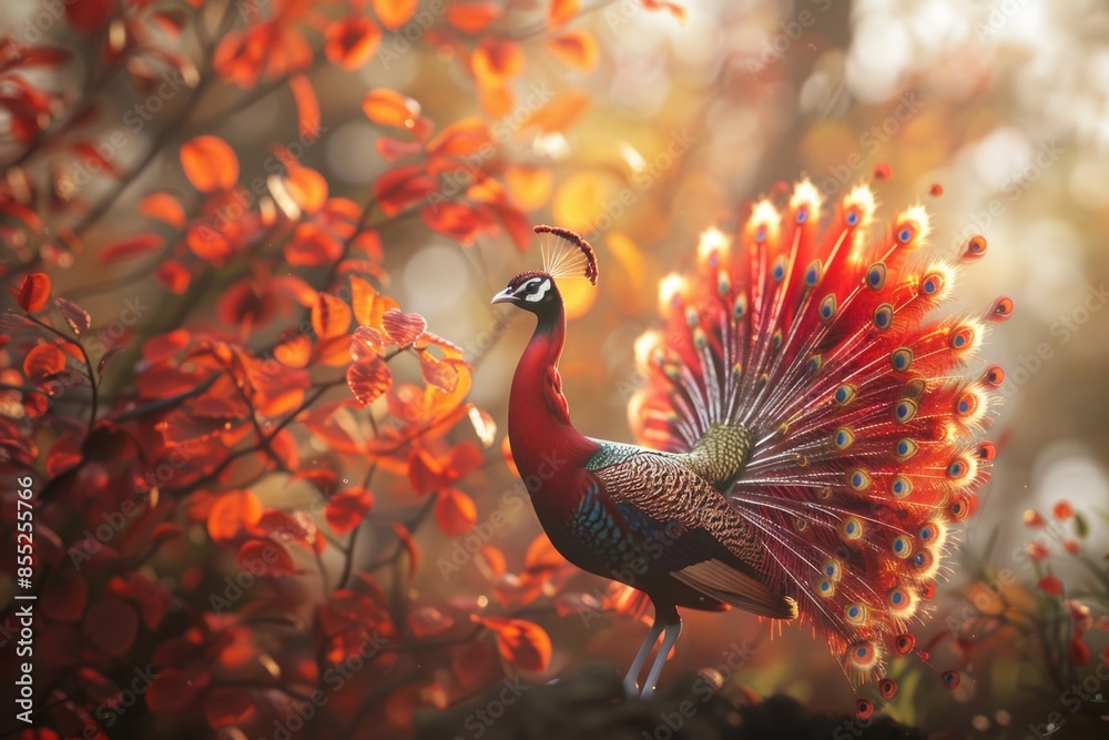 Poster a colorful bird sitting at the top of a tree branch, with leaves and branches surrounding it