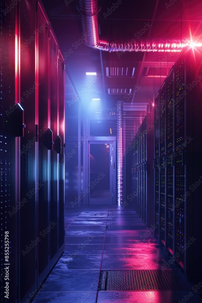 Poster A long hallway filled with rows of servers in a data center
