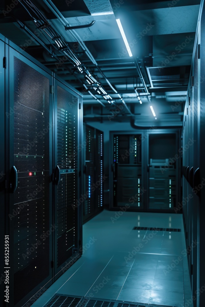 Poster Row of servers in a data center server room, suitable for tech-related projects or presentations