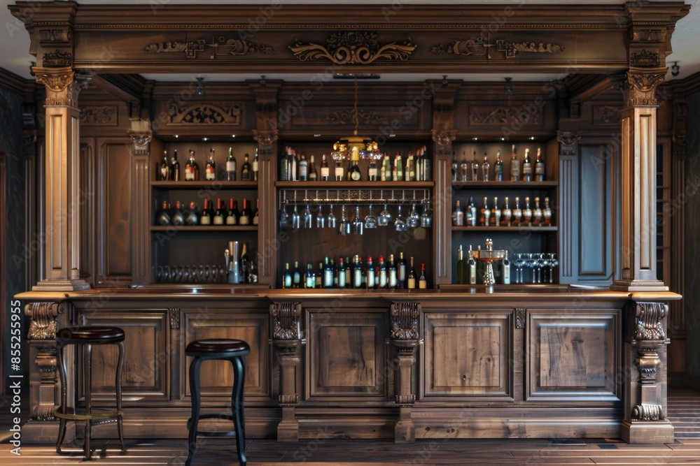 Poster a wooden bar with various types of bottles stored on shelves