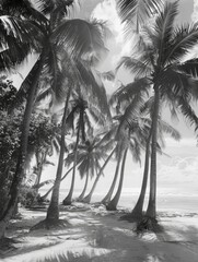 Black and white image of palm trees standing tall on a sandy beach, evoking a sense of serenity and calmness