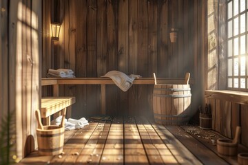 Cozy sauna space with wooden furniture, ideal for relaxation and wellness