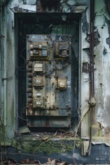 Naklejka premium Abandoned electrical panel in a rundown building