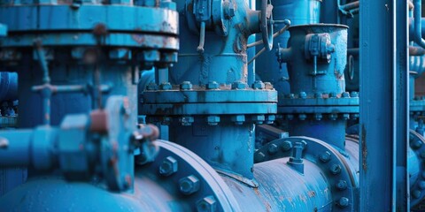 Obraz premium Industrial piping equipment, blue pipes with valves and fittings, close-up view