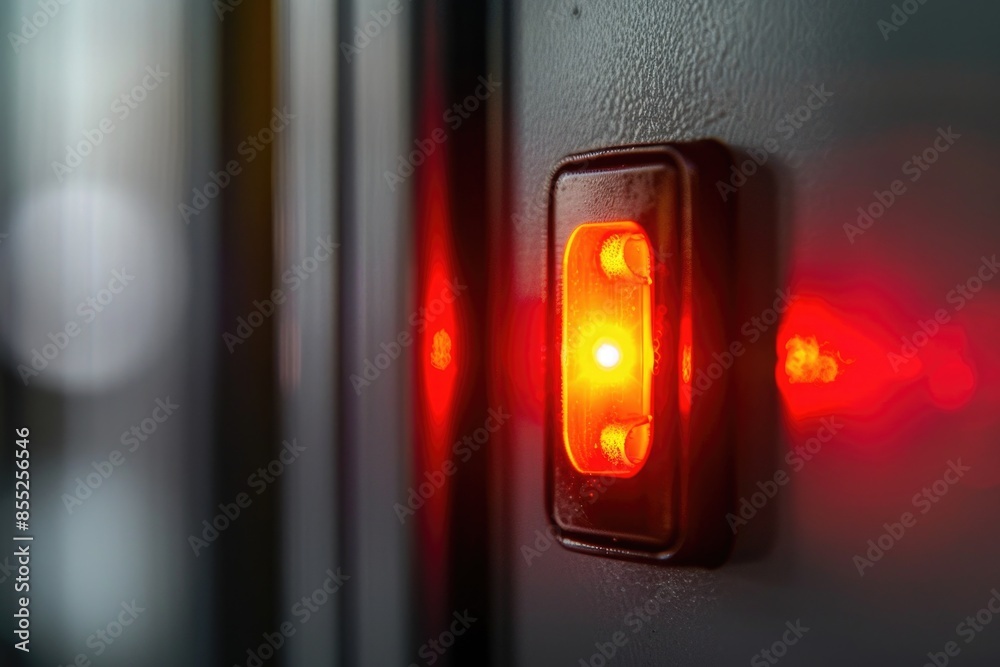 Poster A detailed view of a single red light on a wall, suitable for use in various contexts such as illustrations, designs, and more