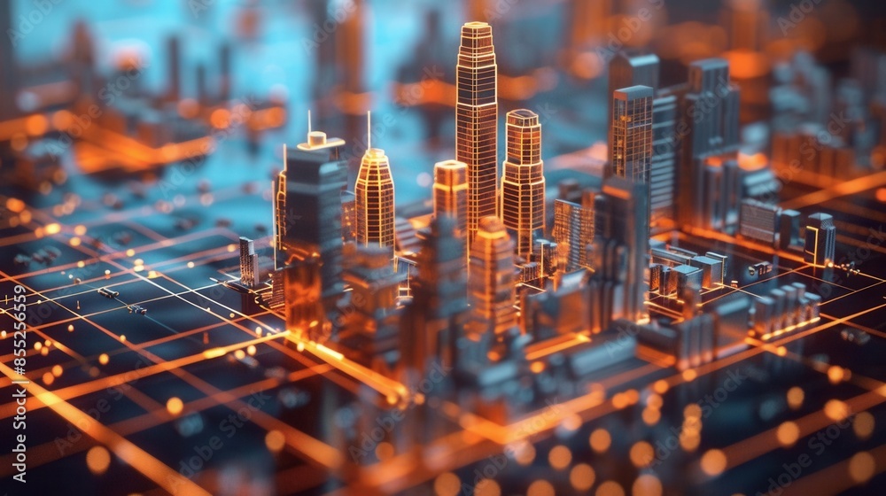 Wall mural a miniature city model with futuristic buildings and a glowing network of lines, depicting a cyberpu