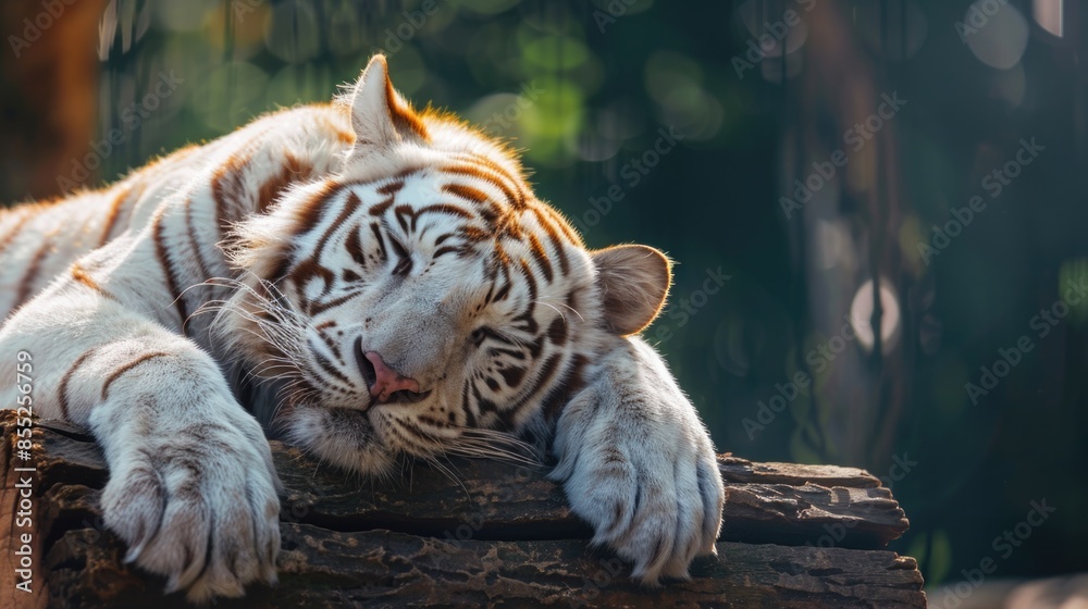 Sticker A majestic white tiger resting on a natural log in a forest environment