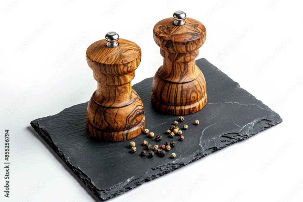 Poster A pair of pepper grinds sit atop a slate board, ready for use in cooking or as a decorative accent
