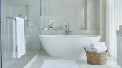 Modern bathroom with free-standing bathtub, marble tiles