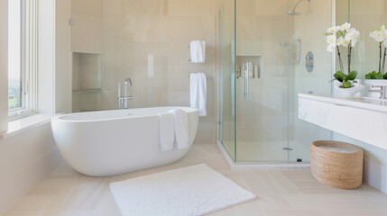 Modern bathroom with free-standing bathtub, marble tiles