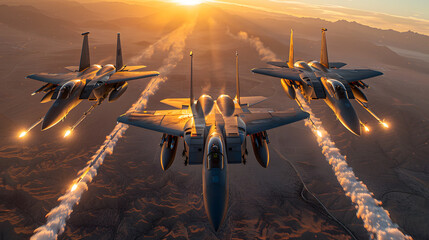 Military aircraft flying over the clouds in amazing sunset