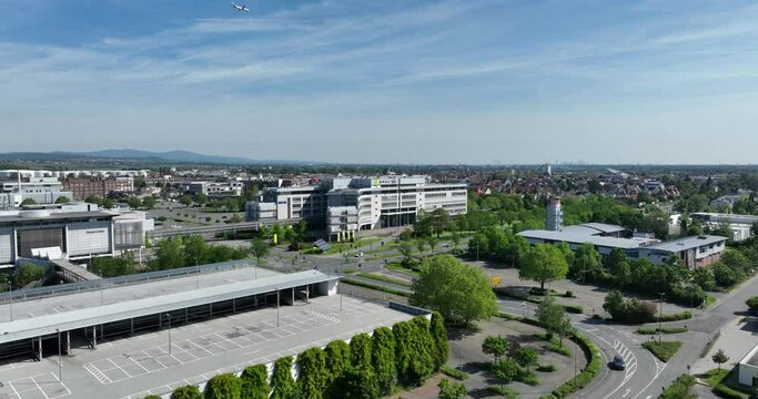Russelsheim am Main, Hessen, Germany, May 9th, 2024: Opel automotive headquarters building. Aerial view. Production of vehicles, cars.