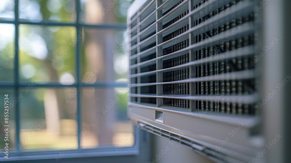 Poster A photograph of an air conditioner unit sitting in front of a window, providing a view of the surrounding environment