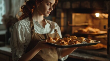 A woman holds a tray of freshly baked pastries in front of a warm oven