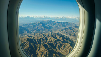 Fototapeta premium View through the oval window of an airplane showcasing mountainous terrain below with clear blue skies above.