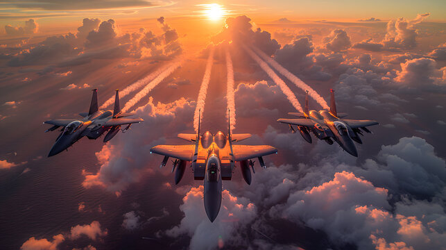 Military aircraft flying over the clouds in amazing sunset