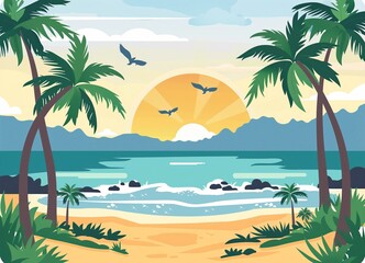 Obraz premium Tropical Beach Sunrise with Palm Trees and Birds