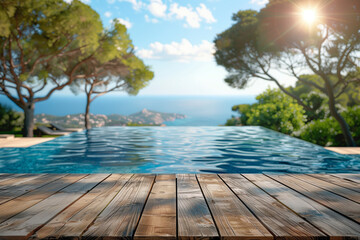 Blurred Costa brava background with a white table top for product display presentation, a luxurious swimming pool and pine trees at a luxury resort hotel in the Mediterranean.