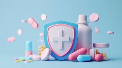A 3D illustration depicting a bottle of pills on a colorful background, shield that protects against disease