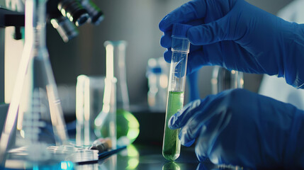A doctor's hand in a blue glove holds a vial of green liquid, preparing to place it in a container, emphasizing medical precision and laboratory work.

