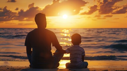 A_father_and_his_young_son_sitting_on_a_beach_generative_ai_image