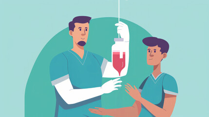 A illustration of a nurse holding an IV drip for a blood transfusion, depicting medical care and support in a clinical setting.