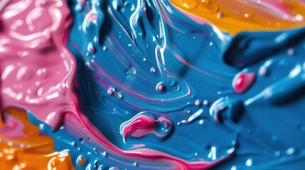 Abstract background of vibrant blue, pink, and orange paint swirls. Close up view.