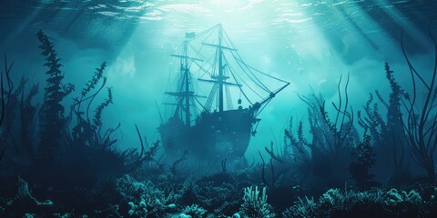 Obraz premium A single ship drifting on the calm ocean waters, ideal for travel or adventure themes