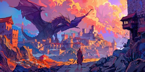 Fantasy World with Dragon and Knight