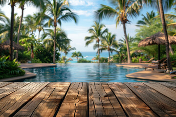 Fototapeta premium tropical background with a wooden table top for product display presentation, a luxurious swimming pool and palm trees at an exotic resort hotel.