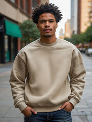Fototapeta premium The man is wearing a cozy, light pastel-colored sweatshirt. The sweatshirt is shown in a relaxed, comfort fit, demonstrating its suitability for a cozy, everyday look.