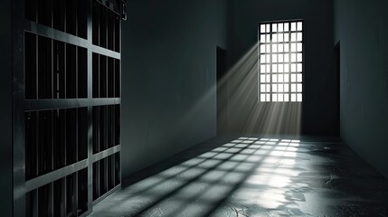 Rays of light shine through a barred window in a dark prison cell, highlighting concepts of hope and confinement