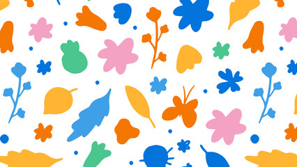 Children’s floral background. Hand-drawn colourful elements, insects, leaves, and flowers on a white background. Colourful botanical seamless pattern.