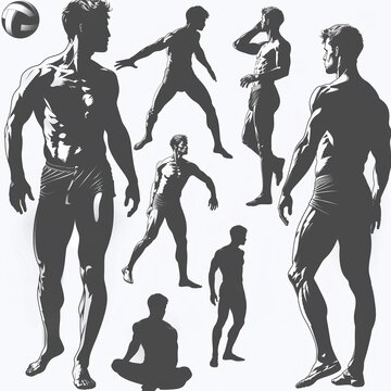 silhouettes of dancing people and sporters with balls