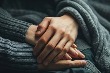 Hand of young supportive man consoling his friend or one of attendants with post traumatic syndrome caused by dramatic life event ,closeup, without face 