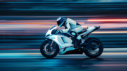 Fototapeta premium Motorcyclist Racing on Fast Speed Track at Night