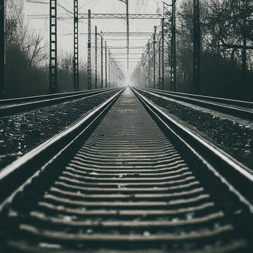 railroad tracks in black and white 