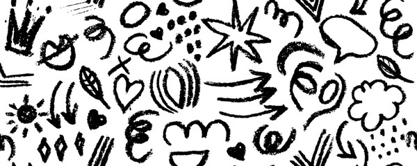 Fototapeta premium Vector seamless pattern with charcoal graffiti doodle punk and girly shapes Hand drawn abstract scribbles and squiggles, creative various shapes, pencil drawn icons. Scribbles, scrawls, stars, crown