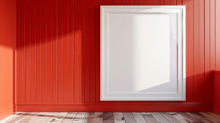 Large empty frame mockup on red wooden wall for displaying artwork, pictures, or photographs