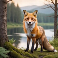 Fototapeta premium red fox in the wild near a lake 