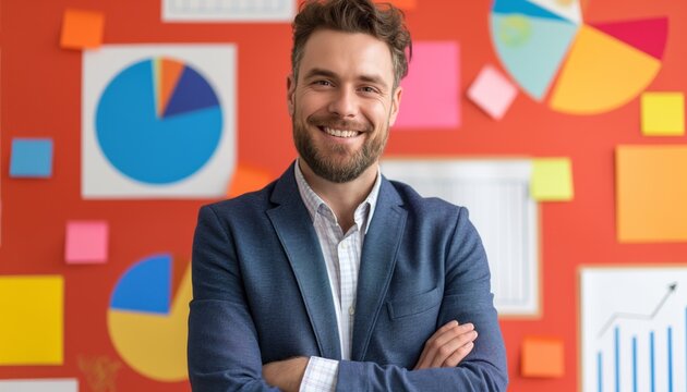 Confident smiling male professional in business attire in front of a colorful statistical artwork