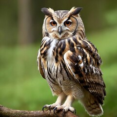 Fototapeta premium a magnificent Eurasian Eagle Owl standing alert on a branch. 
