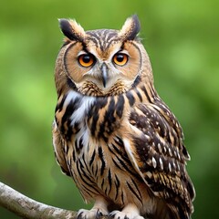 Fototapeta premium a majestic Eurasian Eagle Owl perched on a branch. Its intense gaze and striking plumage are captivating. The lush green background enhances the owl's presence.