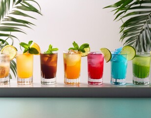 Vibrant and bright multi coloured cocktails with garnish of fruit and mint placed on a bar with palm fronds behind.