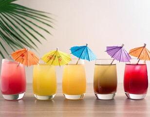 Bright multi coloured best selling cocktails with cocktail umbrellas on a bar.