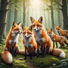 Naklejka premium group of red fox in the forest