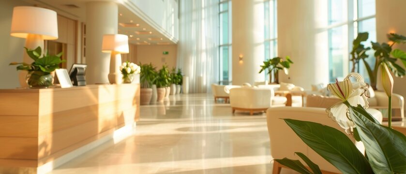 Bright, modern lobby with large windows and plants.