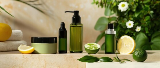 Natural beauty products with citrus and green leaves on a beige background.